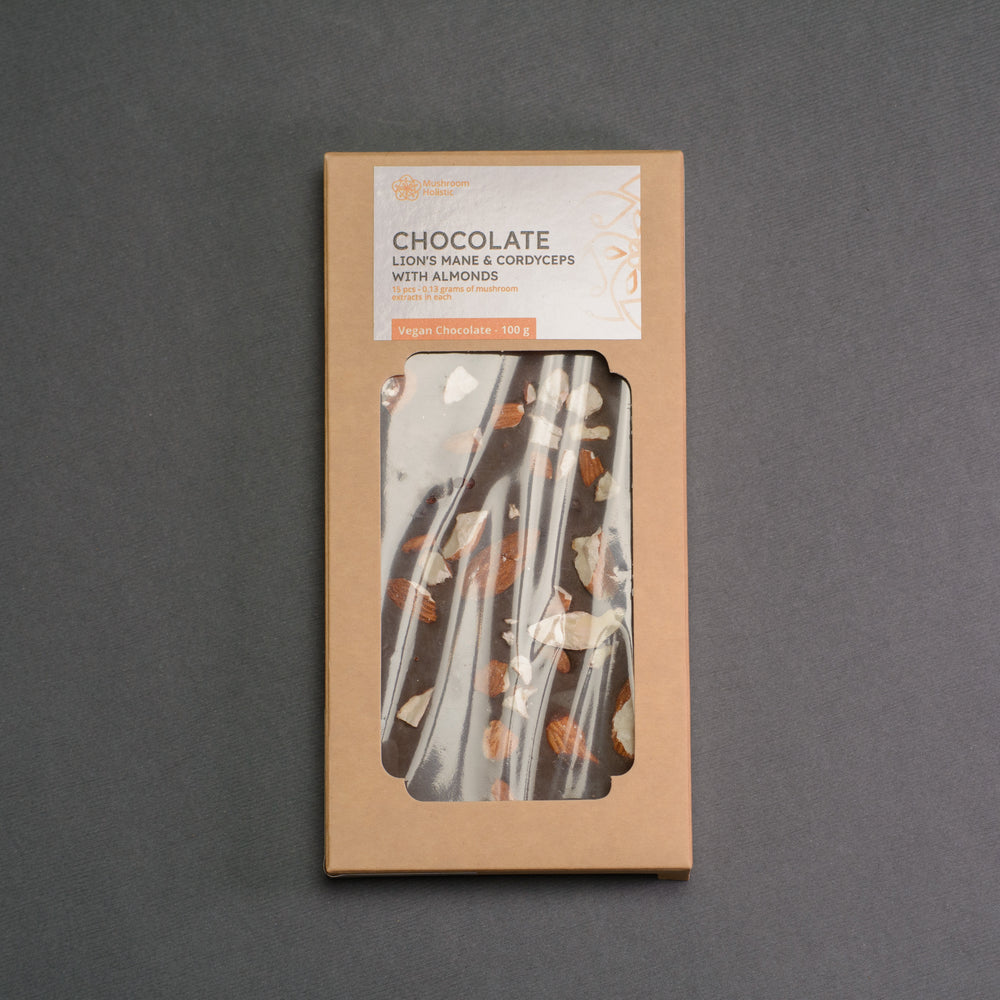 
                  
                    Vegan Chocolate with Cordyceps and Lion's Mane with Almonds - 100 g (15 tiles)
                  
                