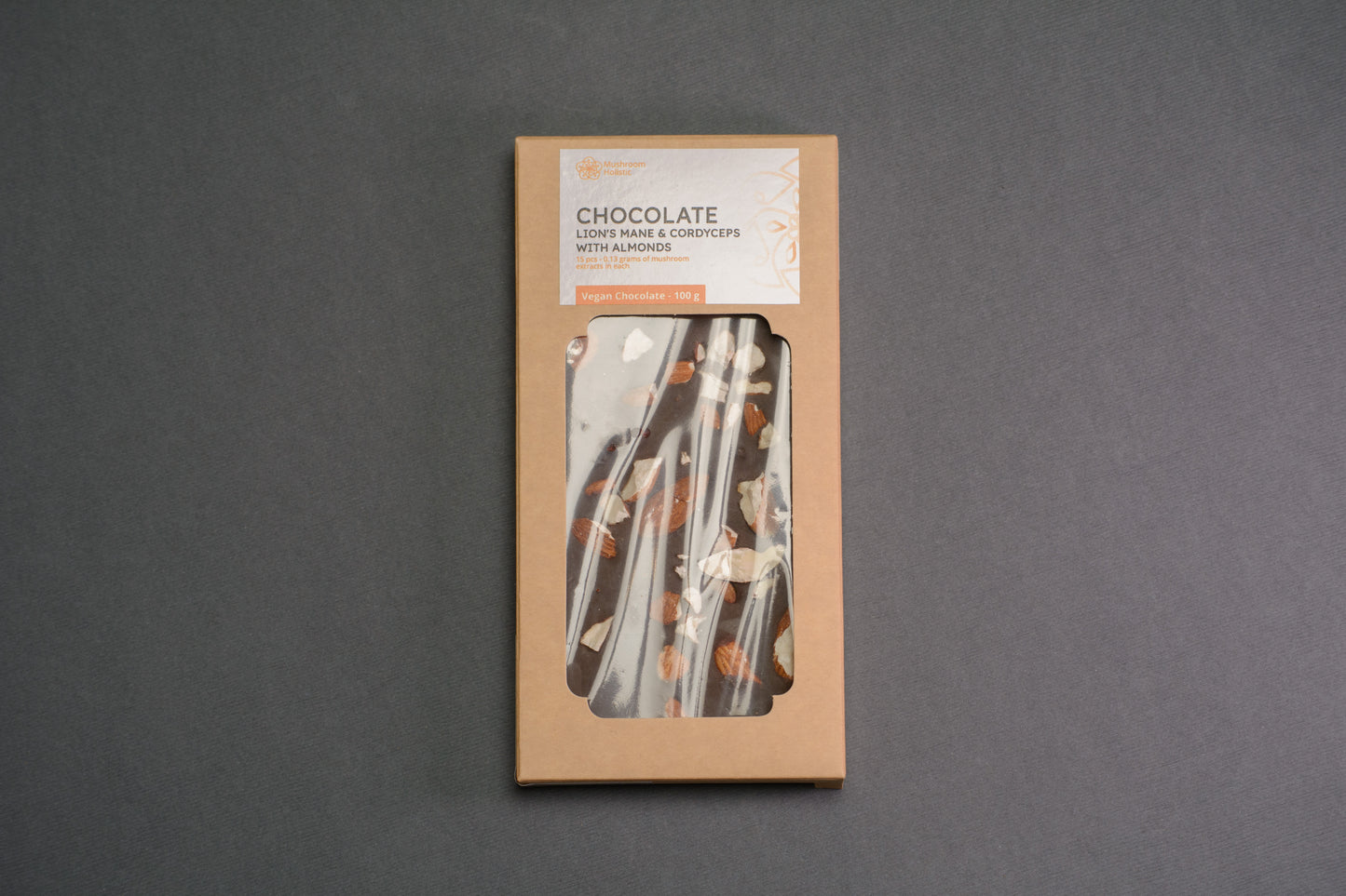 
                  
                    Vegan Chocolate with Cordyceps and Lion's Mane with Almonds - 100 g (15 tiles)
                  
                