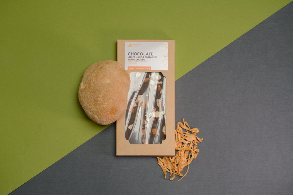Vegan Chocolate with Cordyceps and Lion's Mane with Almonds - 100 g (15 tiles)