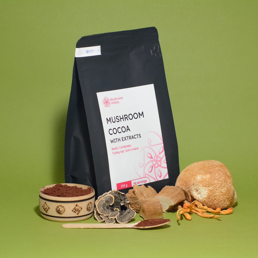 
                  
                    Mushroom Cocoa with extracts - Reishi, Cordyceps, Turkey tail, Lion's Mane, 250 g
                  
                